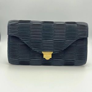 Black Soft-Textured Pleated Checker Patterned Envelope Clutch Bag